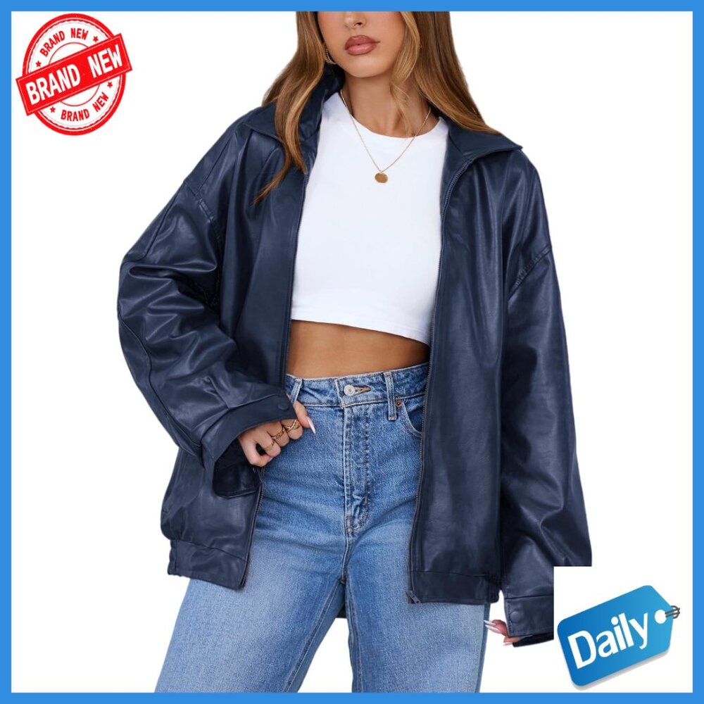 Oversized Faux Leather Motorcycle Bomber Jacket Long Sleeve Full Length
